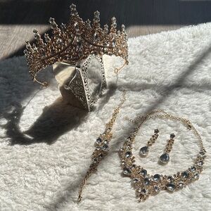 Gold Crystal Bridal Tiara, Necklace & Earring Set (Quince Jewelry set)